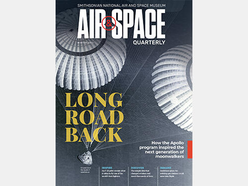 Black and white cover photo of space capsule falling into the ocean with parachutes deployed.