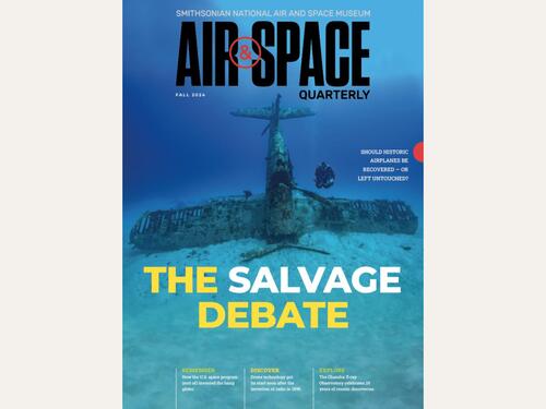 The cover of Air & Space Quarterly magazine with the text "The Salvage Debate" over an image of a submerged aircraft and a diver behind it. 