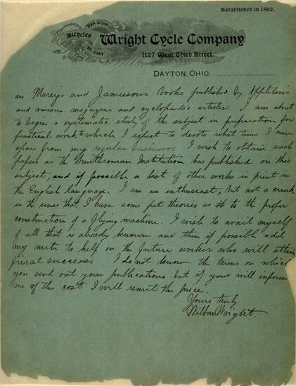 Wright Brothers Letter to Smithsonian (Pg 2 of 2)